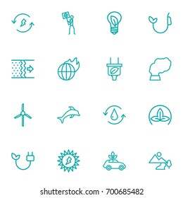 Set Of 16 Bio Outline Icons Set.Collection Of Solar, Landscape, Renewable Energy Elements.