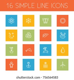 Set Of 16 Bio Outline Icons Set.Collection Of Dolphin, Island, Snowflake Elements.