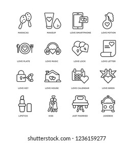 Set Of 16 Birthday party linear icons such as Jukebox, Just married, Kiss, Lipstick, Love Birds, Maracas, love Plate, Key, Lock, editable stroke icon pack, pixel perfect