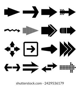 A set of 16 black arrows. Arrow vector modern and simple. A vector illustration of arrows and cursors