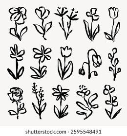 Set of 16 black ink flower sketches. Each flower sketch is unique, featuring simple, artistic lines. Black ink sketches of flowers on a white background. Hand drawn botanical illustrations vector set.