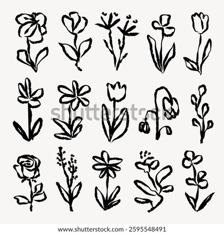 Set of 16 black ink flower sketches. Each flower sketch is unique, featuring simple, artistic lines. Black ink sketches of flowers on a white background. Hand drawn botanical illustrations vector set.