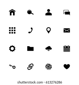 Set of 16 black material design glyph web icons vector illustration for web design, user interface (UI) and infographic