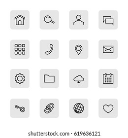 Set of 16 black material design outline web icons on rounded rectangle vector illustration for web design, user interface (UI) and infographic