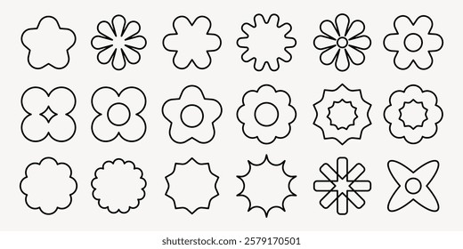 Set of 16 black outline flower shapes. Flower shapes vary in petal design. Simple flower outlines for design. Perfect for floral pattern creation. Black shapes, vector element set.