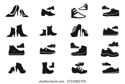 Un conjunto de 16 siluetas negras que muestran diversos estilos y tipos de zapatos sobre un fondo blanco