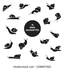 Set of 16 black snail silhouettes on white background. Cute vector isolated hand drawn snails for your design. Simple modern illustration