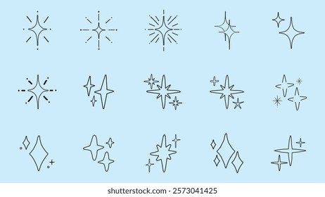 Set of 16 black star icons on a light blue background. Stars vary in shape and size, with simple, minimalist designs. Perfect for decoration or design projects. Element vector set.