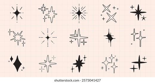 Set of 16 black star icons on a light blue background. Stars vary in shape and size, with simple, minimalist designs. Perfect for decoration or design projects. Element vector set.