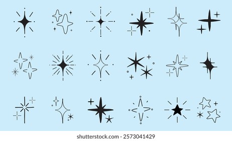 Set of 16 black star icons on a light blue background. Stars vary in shape and size, with simple, minimalist designs. Perfect for decoration or design projects. Element vector set.