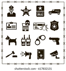 Set of 16 black vector icons for security and police