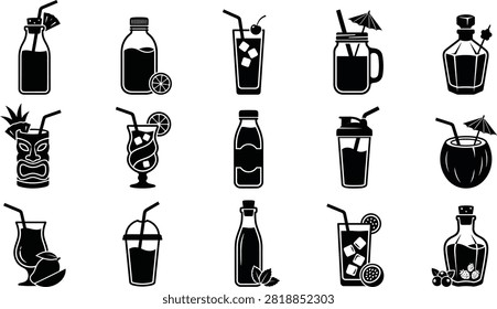 A set of 16 black and white depicting various cocktail drinks and bottles with straws, umbrellas, and garnishes, arranged in four rows on a white background.