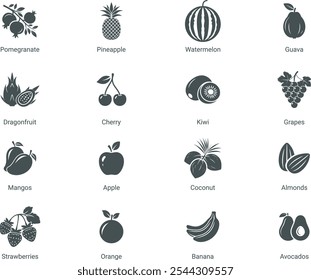 Conjunto de 16 ícones de frutas pretas e brancas, incluindo romã, abacaxi, melancia, goiaba, fruta dragão, cereja, kiwi, uvas, manga, maçã, coco, amêndoas e morangos. Ilustração de vetor