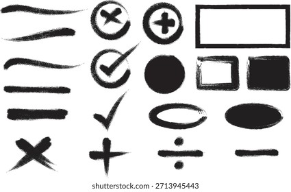 Um conjunto de 16 formas geométricas e símbolos desenhados à mão a preto e branco sobre um fundo branco plano