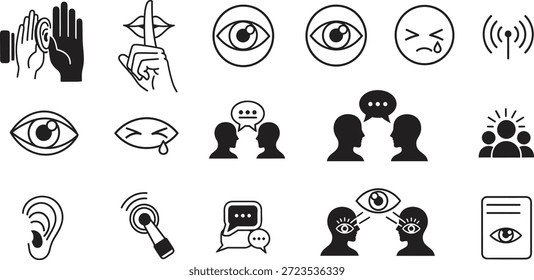 Un conjunto de 16 iconos en blanco y negro que representan varios símbolos relacionados con la comunicación y la visión
