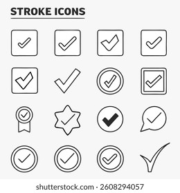 A set of 16 black and white line icons representing different checkmark symbols, arranged in a 4x4 grid.