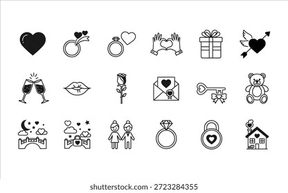 Un conjunto de 16 iconos de arte de línea en blanco y negro relacionados con el amor, el romance y las bodas