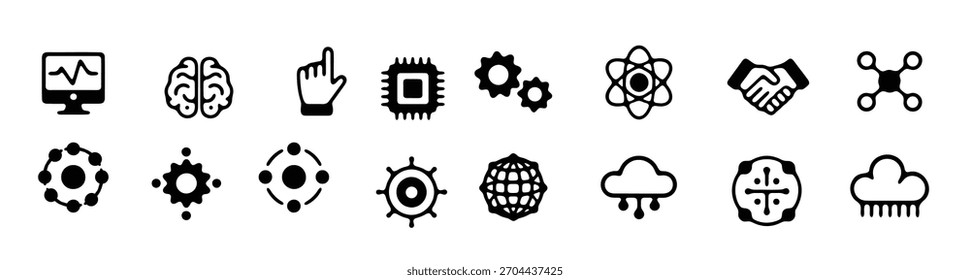 Un conjunto de 16 iconos de tecnología e innovación en blanco y negro.