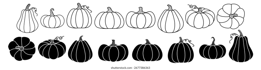 Set of 16 black and white Various Pumpkins and Squash in Warm Natural Fall Colors Isolated on White – Autumn, Halloween and Thanksgiving Design Elements