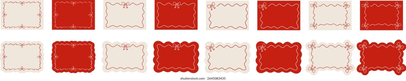 Set of 16 blank invitation card templates in red and beige with hand drawn bow and decorative borders. Includes rectangular and scalloped shapes. Vector EPS 10