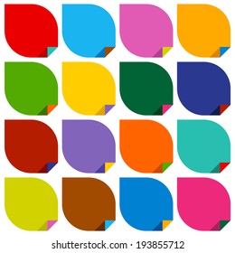 set of 16 blank stickers with bent colored angles. Vector illustration