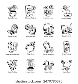 Set of 16 Blockchain Doodle Icons


