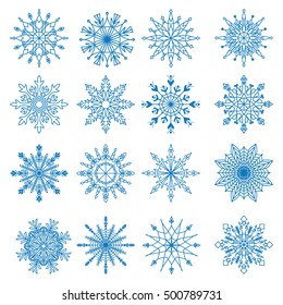 Set of 16 blue snowflakes. Snowflakes icon. Vector illustration.