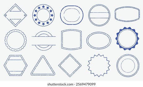 Set of 16 blue stamp designs, featuring various shapes like circles, stars, and triangles. Each stamp design is unique, with blue outlines and patterns. Blue blank stamps, vector set.