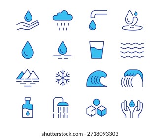 Eine Reihe von 16 blauen und weißen Symbolen, die verschiedene Wasserkreislauf- und Wetterelemente darstellen