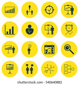 Set Of 16 Board Icons. Includes Project Analysis, Project Presentation, Company Statistics And Other Symbols. Beautiful Design Elements.