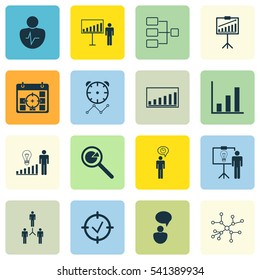 Set Of 16 Board Icons. Includes Bar Chart, Company Statistics, Conversation And Other Symbols. Beautiful Design Elements.