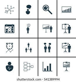Set Of 16 Board Icons. Includes Opinion Analysis, Project Presentation, Solution Demonstration And Other Symbols. Beautiful Design Elements.