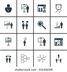 Set Of 16 Board Icons. Includes Project Presentation, Team Meeting, Special Demonstration And Other Symbols. Beautiful Design Elements.