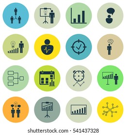 Set Of 16 Board Icons. Includes Company Statistics, Decision Making, Reminder And Other Symbols. Beautiful Design Elements.