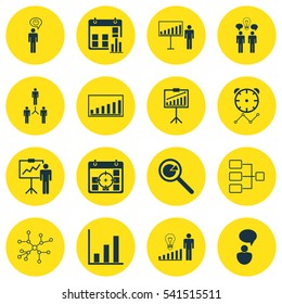 Set Of 16 Board Icons. Includes Presentation Date, Opinion Analysis, Planning And Other Symbols. Beautiful Design Elements.