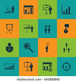 Set Of 16 Board Icons. Includes Reminder, Co-Working, Presentation Date And Other Symbols. Beautiful Design Elements.