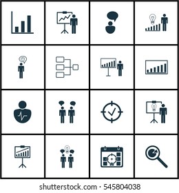 Set Of 16 Board Icons. Includes Special Demonstration, Approved Target, Report Demonstration And Other Symbols. Beautiful Design Elements.