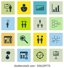 Set Of 16 Board Icons. Includes Team Meeting, Company Statistics, Planning And Other Symbols. Beautiful Design Elements.