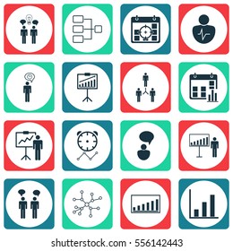 Set Of 16 Board Icons. Includes Presentation Date, Project Targets, Personal Character And Other Symbols. Beautiful Design Elements.