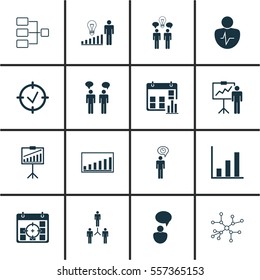 Set Of 16 Board Icons. Includes Special Demonstration, Project Targets, Decision Making And Other Symbols. Beautiful Design Elements.