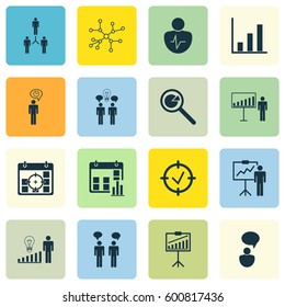 Set Of 16 Board Icons. Includes Co-Working, Project Targets, Report Demonstration And Other Symbols. Beautiful Design Elements.