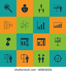 Set Of 16 Board Icons. Includes Report Demonstration, Presentation Date, Group Organization And Other Symbols. Beautiful Design Elements.