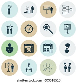 Set Of 16 Board Icons. Includes Report Demonstration, Presentation Date, Personal Character And Other Symbols. Beautiful Design Elements.