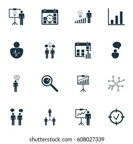 Set Of 16 Board Icons. Includes Presentation Date, Bar Chart, Team Meeting And Other Symbols. Beautiful Design Elements.