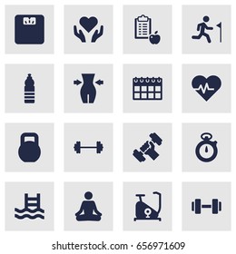 Set Of 16 Bodybuilding Icons Set.Collection Of Barbell, Meditate, Running And Other Elements.