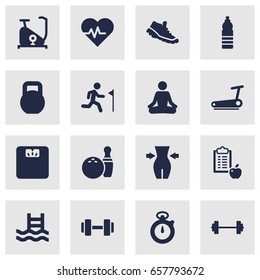 Set Of 16 Bodybuilding Icons Set.Collection Of Basin, Drink, Timer And Other Elements.