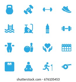 Set Of 16 Bodybuilding Icons Set.Collection Of Heart In Hand, Training Bicycle, Date Elements.