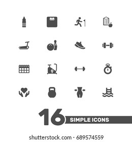 Set Of 16 Bodybuilding Icons Set.Collection Of Sneakers, Date, Dumbbell And Other Elements.