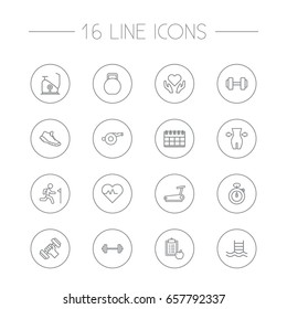 Set Of 16 Bodybuilding Outline Icons Set.Collection Of Pulse, Workout, Exercise Bike And Other Elements.