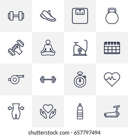 Set Of 16 Bodybuilding Outline Icons Set.Collection Of Health Care, Exercise Bike, Barbell And Other Elements.